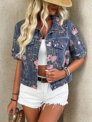 Women's Elegant Floral Print Denim Jacket Short Sleeve Crop Top Outerwear with Button Closure Summer Fashion Casual Ladies Versatile Denim Shirt 