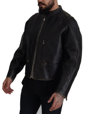 Dolce & Gabbana Elegant Black Leather Jacket with Silver Details