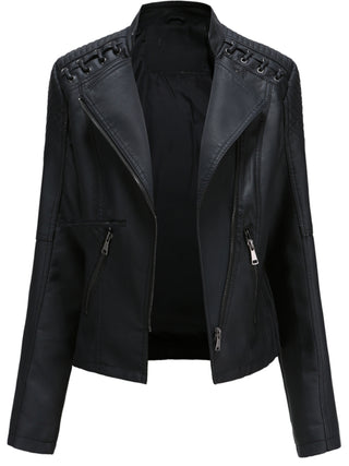 PU Leather Zipper Jacket, Solid Color Long Sleeve Spring Autumn Fashion Jacket Women Clothing 