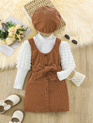 Girls 4 Piece Velvet Outfit: Solid Color Turtleneck Puff Sleeve Shirt + Button Up Suspender Skirt + Belt + Matching Hat - Casual Outing, Gifts, Party in Spring/Fall/Winter 