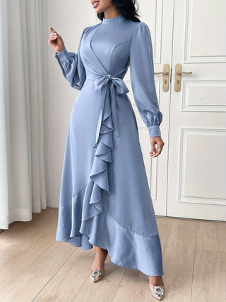 Solid Long Sleeve Side Slit Tie Up Dress Elegant Spring Autumn Women Clothing 