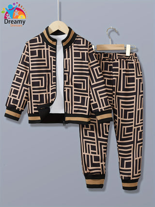 Dreamy 2pcs Boys Retro Print Zipper Long Sleeve Jacket &amp; Long Pants Coordinating Set, Stylish and Beautiful, Comfortable and Versatile Outerwear for Spring and Autumn 