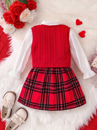 [3Pcs] Sweet Bow Plaid Skirt + Solid Long Sleeve Shirt + V-Neck Cardigan Girls Fashion Outfits Set, Suitable for Spring Autumn, Daily, Party, Christmas Gifts 