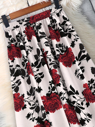 Plus Size Floral Print A Line Skirt Elegant High Waist Summer Spring Skirt Women Plus Size Clothing 