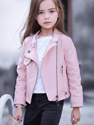 Girls Spring Autumn Stand Collar Diagonal Zip Motorcycle Leather Jacket 