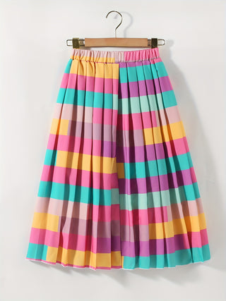 Girls Colorful Plaid Pleated Skirt, Midi Umbrella Skirt, Casual Stylish Outerwear for Kids 