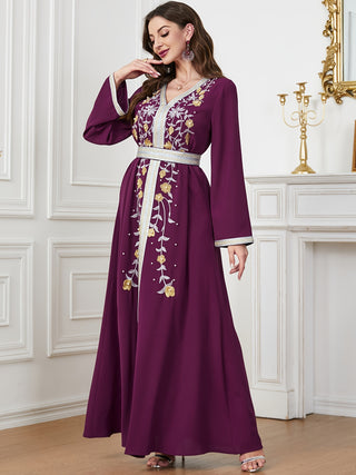 Embroidered V Neck Kaftan Dress Elegant Long Sleeve A Line Maxi Dress Women Clothing 