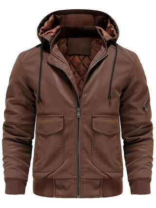 Men's PU Leather Hooded Jacket Warm Windproof Waterproof Jacket Autumn Winter 