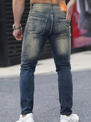 Men's Skinny Stretch Jeans - Ripped and Worn Design, Dark Blue, Versatile for All Seasons 