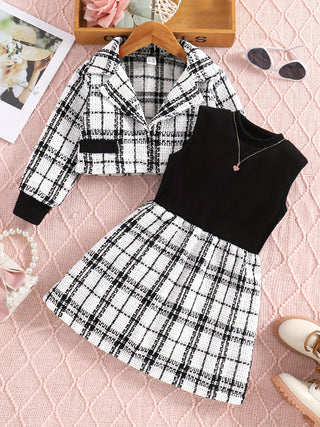 2pcs Girls Elegant Long Sleeve Lapel Blazer + Sleeveless Dress Sets for Spring Autumn Outdoor Gifts 