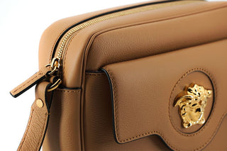 Versace Elegant Brown Leather Camera Case Shoulder Bag