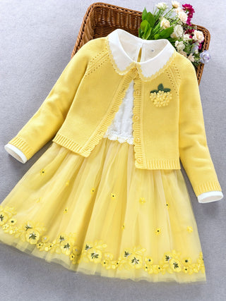 Girls 2 Pieces Knitted Elegant Floral O-Neck Sweater + Long Sleeve Pointed Collar Mesh Dress Spring/Autumn Comfortable Outerwear 