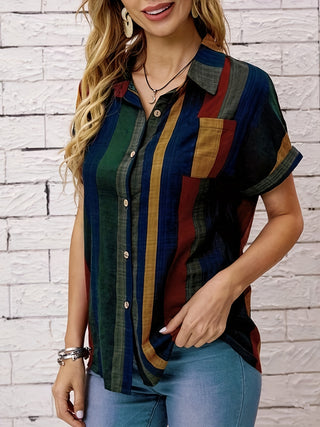 Striped Button Front Blouse, Classic Short Sleeve Blouse for Spring Summer, Women's Clothing