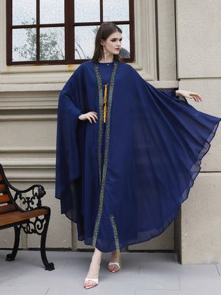 Elegant Batwing Sleeve Open Abaya Set with Solid Color Maxi Dress - 100% Polyester Non-Stretch Long Abaya for Women - Middle East Collection 