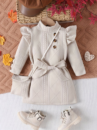 Elegant Little Girls Dress with Button Design and Long Sleeve, Gift for Spring, Autumn and Winter 