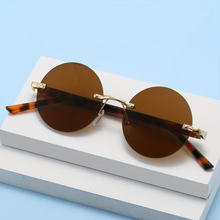 Stylish Rimless Round Sunglasses for Women Men - Luxury Green Lens with Antique Leopard Arms, Perfect for Beach and Party 