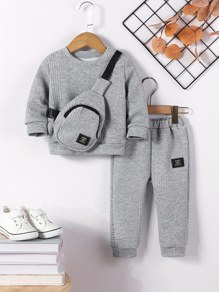 Boys 3 Pieces Autumn Outfit Set: Solid Color Sweatshirt, Joggers and Crossbody Bag - Casual and Stylish Outfit for Youth, Perfect for Outdoors 