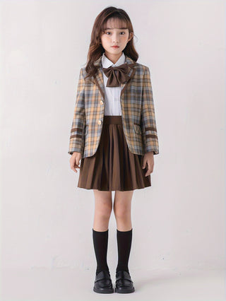 Elegant 3 Piece Girls Outfit: Plaid Blazer, Pleated Skirt and Bow Tie - Perfect for Birthday Parties, Engagements, Weddings and Formal Occasions 