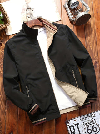 Men's Casual Reversible Jacket - Polyester, Stand Collar, Solid Color with Pockets for Spring/Autumn 