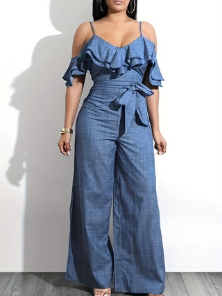 Cold Shoulder Layered Ruffle Jumpsuit Casual Tie Front Wide Leg Jumpsuit Spring Summer Women's Clothing 