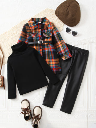 3 Piece Set for Girl: Plaid Shirt Jacket + Turtleneck Sweater + Belted Pants - Perfect for Casual Outings, Winter and Fall Outfits, as a Gift 