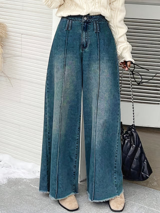 Women's Wide Leg Jeans, Long Length, Stretch Cotton Fabric, Elastic Waist, Half Zipper, Relaxed Fit, Suitable for Spring, Summer, Autumn, Winter 