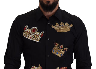 Dolce &amp; Gabbana Elegant Black Slim Fit Dress Shirt with Crown Embroidery