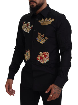 Dolce &amp; Gabbana Elegant Black Slim Fit Dress Shirt with Crown Embroidery