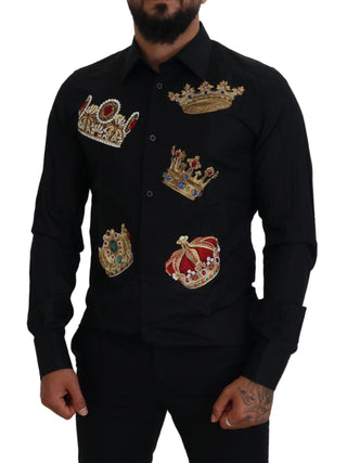 Dolce &amp; Gabbana Elegant Black Slim Fit Dress Shirt with Crown Embroidery