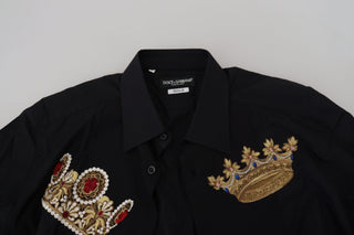 Dolce &amp; Gabbana Elegant Black Slim Fit Dress Shirt with Crown Embroidery