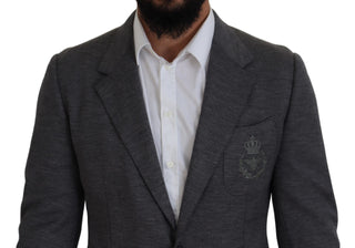 Dolce &amp; Gabbana Elegant Gray Wool Blazer with Bee Crown Embroidery