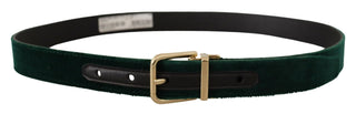 Dolce &amp; Gabbana Emerald Velvet Designer Belt with Golden Buckle