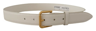 Dolce &amp; Gabbana Chic White Leather Belt with Gold Engraved Buckle