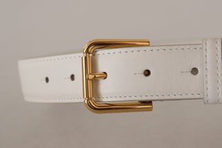 Dolce &amp; Gabbana Chic White Leather Belt with Gold Engraved Buckle