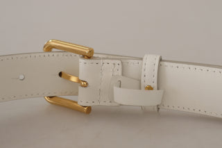 Dolce &amp; Gabbana Chic White Leather Belt with Gold Engraved Buckle