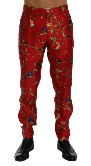 Dolce &amp; Gabbana Elegant Silk Dress Trousers in Red Bird Print