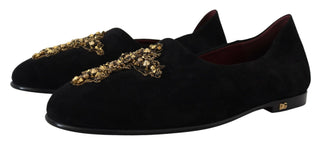 Dolce &amp; Gabbana Black Gold Crystal Sequined Loafers