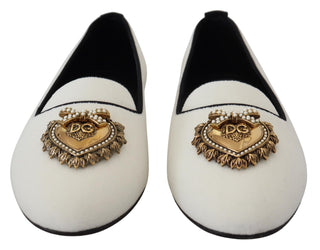 Dolce &amp; Gabbana Elegant White Velvet Loafers with Gold Heart Detail