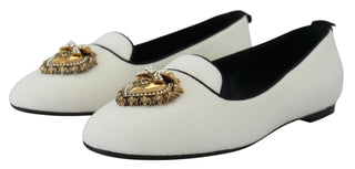 Dolce &amp; Gabbana Elegant White Velvet Loafers with Gold Heart Detail