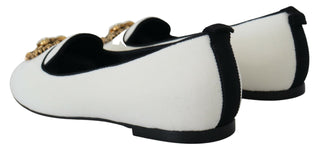 Dolce &amp; Gabbana Elegant White Velvet Loafers with Gold Heart Detail