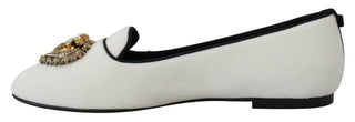 Dolce &amp; Gabbana Elegant White Velvet Loafers with Gold Heart Detail