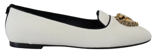 Dolce &amp; Gabbana Elegant White Velvet Loafers with Gold Heart Detail