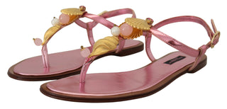 Dolce &amp; Gabbana Chic Pink Leather Sandals with Exquisite Embellishment