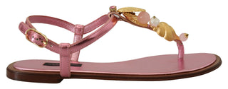 Dolce &amp; Gabbana Chic Pink Leather Sandals with Exquisite Embellishment