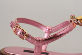 Dolce &amp; Gabbana Chic Pink Leather Sandals with Exquisite Embellishment