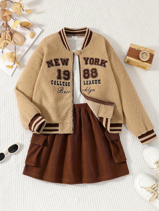 Girls' Nude Polyester Jacket with Embroidered Letters and Slim Fit Mini Skirt, Long Sleeve, Zipper Detail, Knitted Fabric - Fall/Winter Collection 