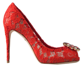 Dolce &amp; Gabbana Chic Red Lace Heels with Crystal Embellishment