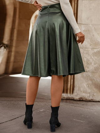 Faux Leather Button Front Skirt, Elegant Ruffle Hem Midi Skirt with Pocket, Women's Clothing 