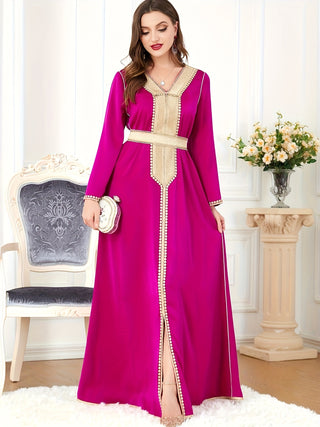 V Neck Kaftan Dress with Lace Trim, Elegant Maxi Dress with Long Sleeve and Split Hem, Women's Clothing 