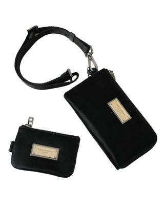 Dolce &amp; Gabbana Elegant Black Nylon Leather Pouch with Silver Details